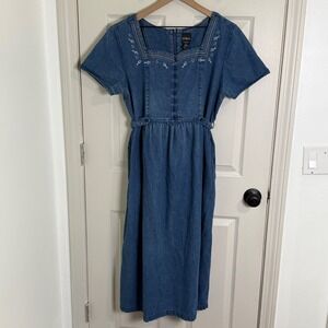 Vintage Erika Denim Dress Womens XL Blue Embroidered 90s Prairie Cottagecore